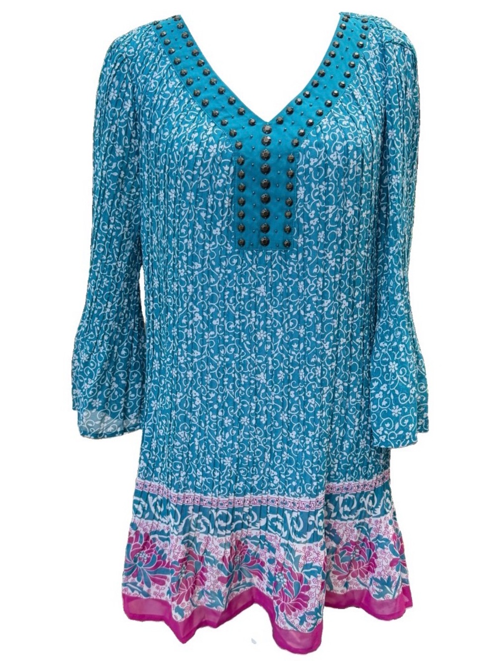 Woman Within Teal Floral Studded Pleated V-Neck Tunic Size 14/16 Wide Slve Flowy